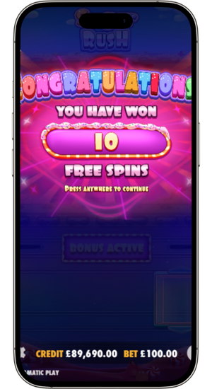 Activated free spins in Sugar Rush with highlighted reels