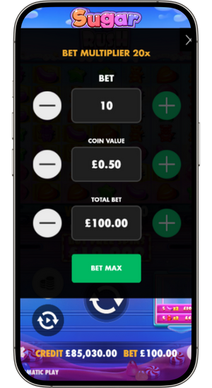 Bet size selection on the Sugar Rush control panel